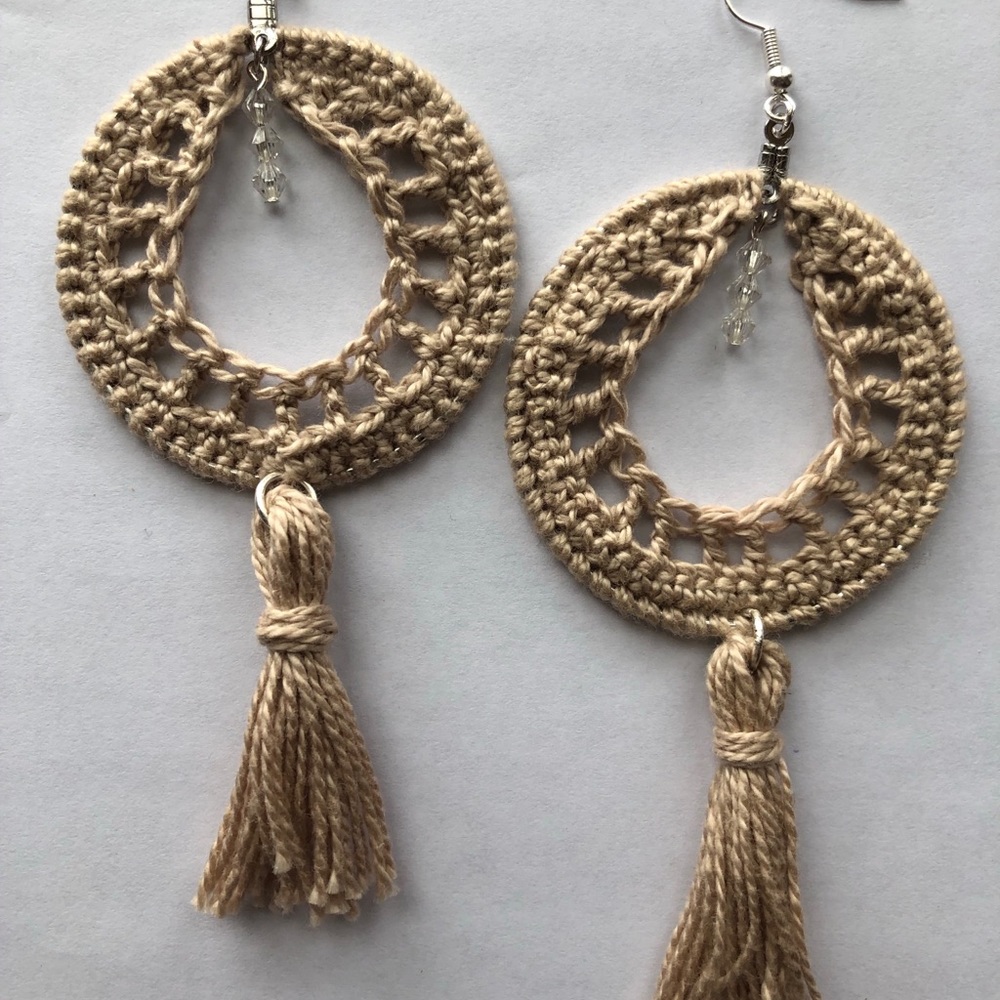 Taupe Handmade Crotchet Beads Tassel Hoop Earrings